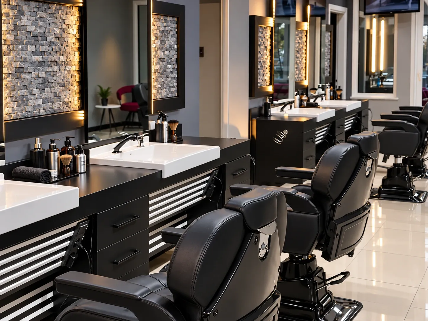 Salon Murat Akın'ın içi: siyah berber koltukları ve ışıklı aynalar